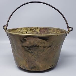 Vintage Hammered Brass Bucket with Cast-Iron Handle